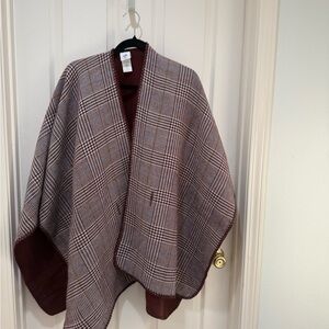 CAbi Plaid Cape in Burgundy and Cream